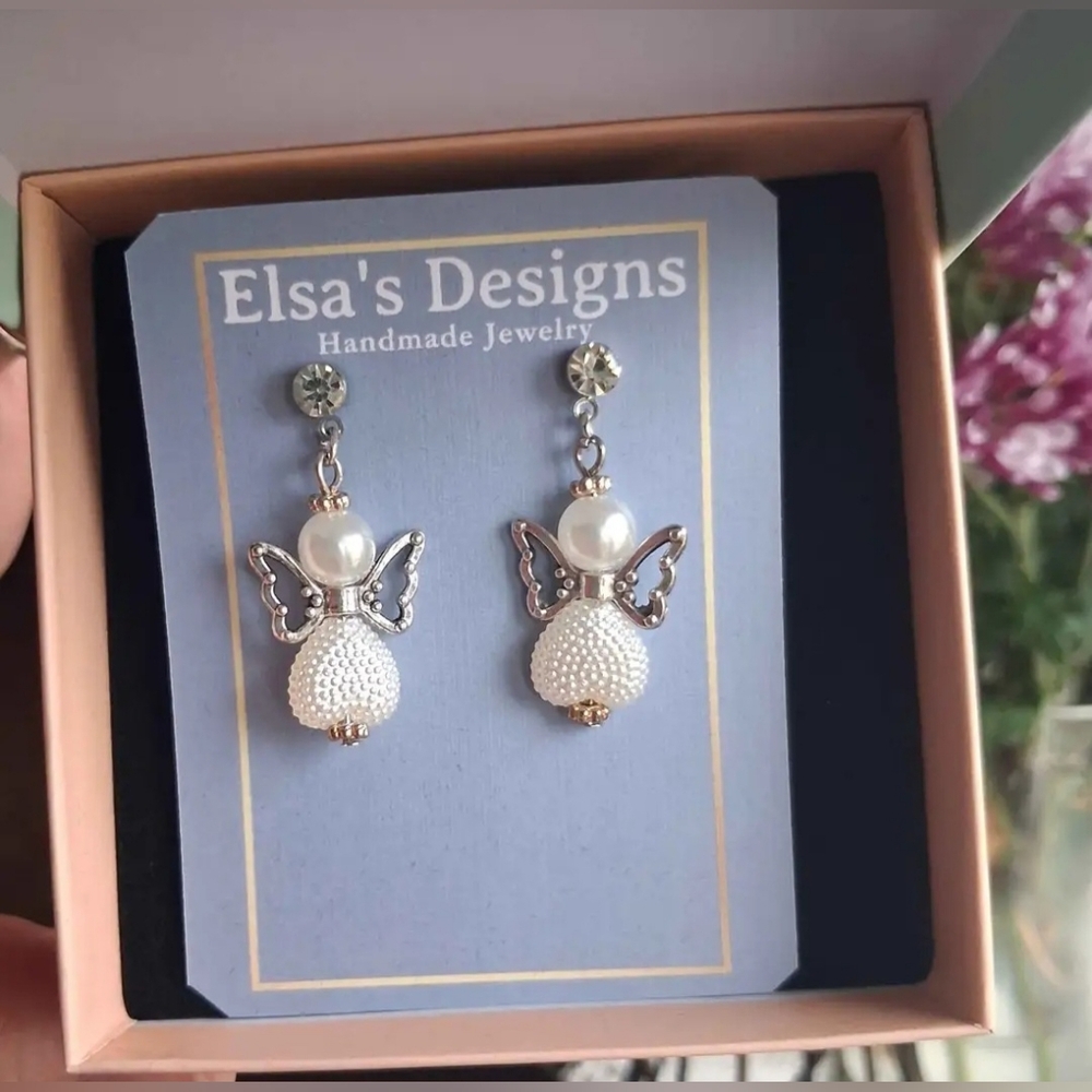 New Elsa's Designs Pearl Angel Drop Earrings - White & Gold